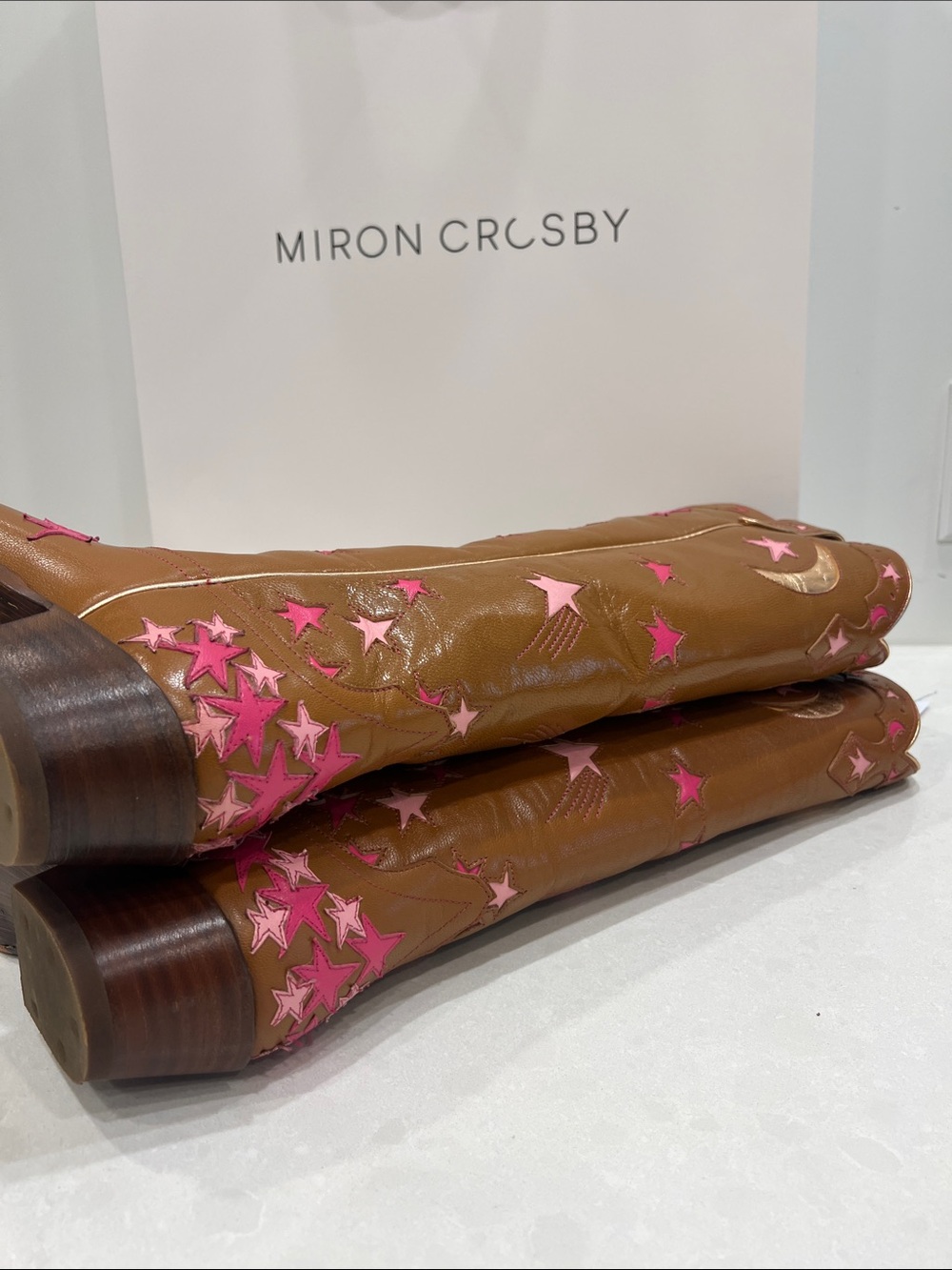 Miron Crosby Margretta Sienna Star-Embroidered Brown Leather Knee Boots - Picture 13 of 16